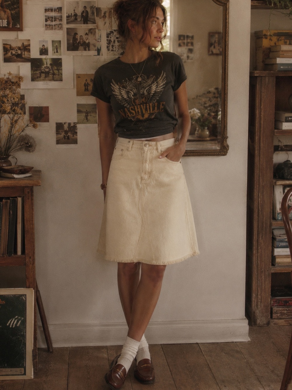 Free People Cream Denim A-Line Midi Skirt – Size 2